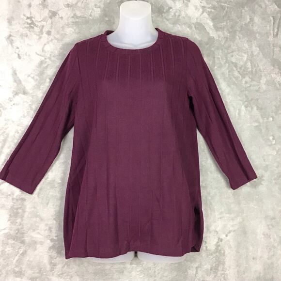 Bobeau Womens Medium Maroon Wide Rib Crew Neck 3/4 Sleeve Side Slit Top NWOT - Picture 9 of 9
